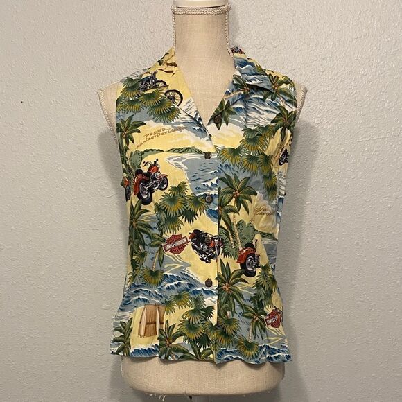 Harley-Davidson Tops - Harley-Davidson Hawaiian Print Button Front Sleeveless Blouse Size Small